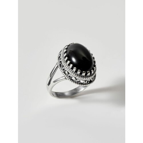 фото Кольцо shine & beauty, латунь, серебрение, агат, размер 17, черный, серебряный