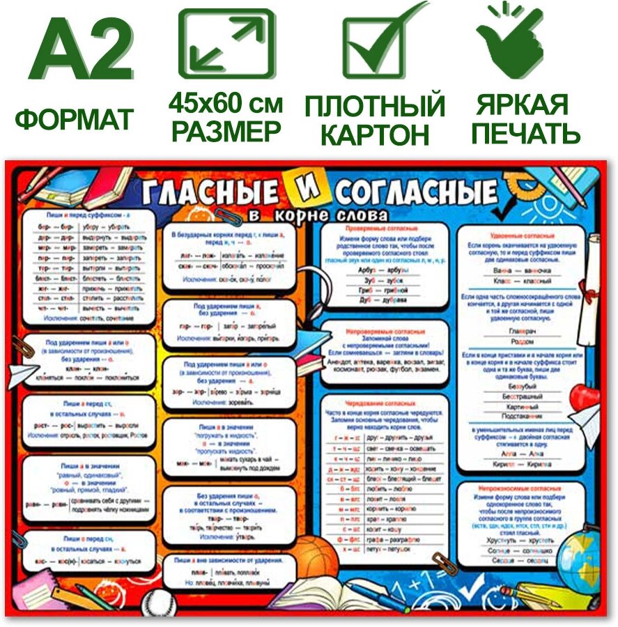 Обучающий плакат "Гласные и согласные в корне слова", формат А2, 45х60 см, картон