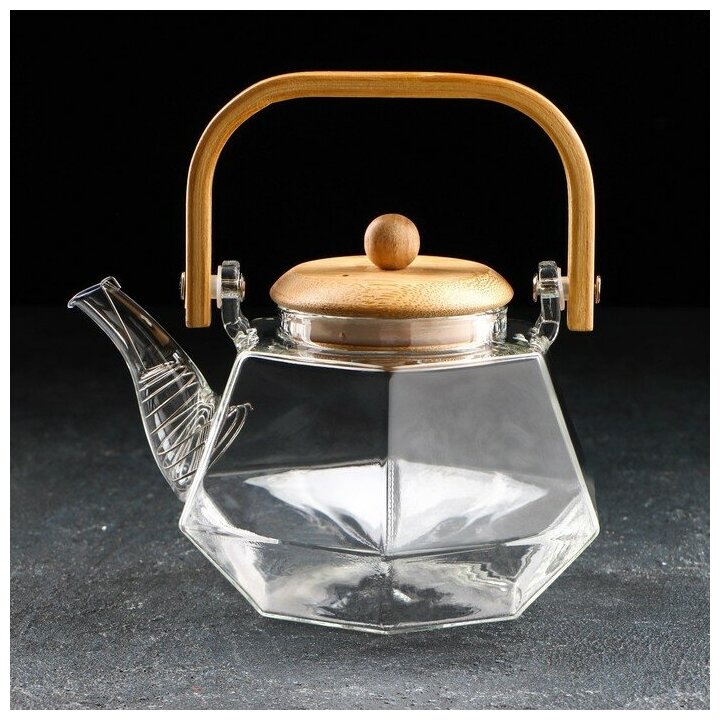 Чайник стеклянный заварочный с бамбуковой крышкой и металлическим фильтром «Октогон», 800 мл