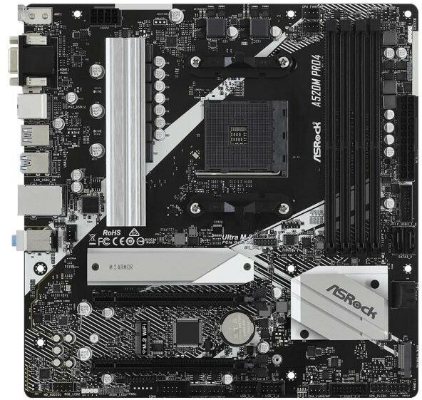 Материнская плата ASRock A520M PRO4 Socket AM4 AMD A520 4xDDR4 2xPCI-E 16x 4xSATA III mATX Retail