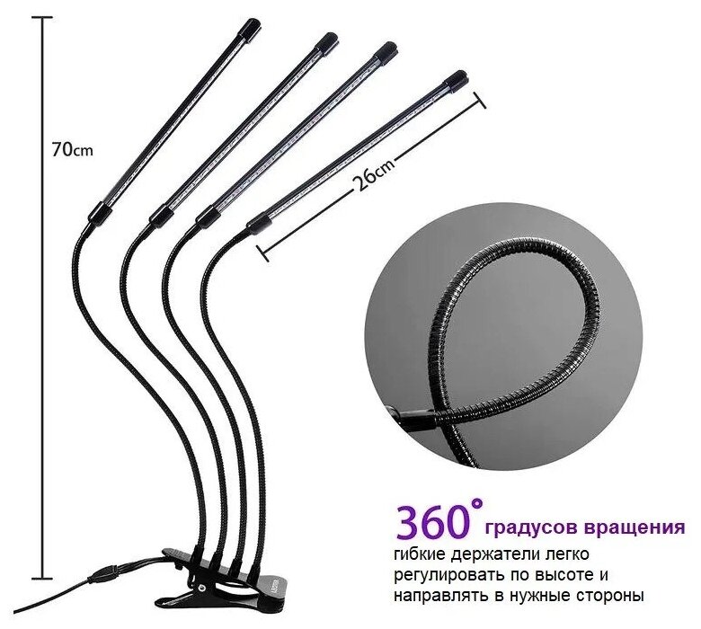 Фитолампа на прищепке 4 лампы, Фитолампа , Фитолампа для растений , Фитолампа для рассады , Светодиодная фитолампа , Фитолампа для цветов - фотография № 3