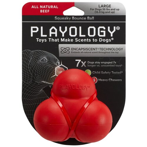 Игрушка для собак Playology хрустящий жевательный тройной мяч SQUEAKY BOUNCE BALL с пищалкой и с ароматом говядины, красный (0.2 кг)