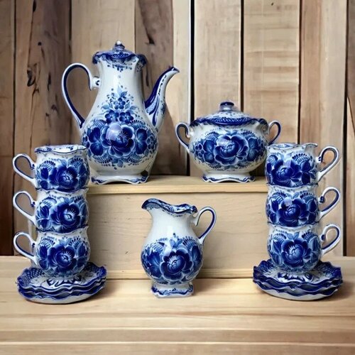 Сервиз кофейный Тюльпан 6 персон 15 предметов фарфор гжель ручная работа 28210₽