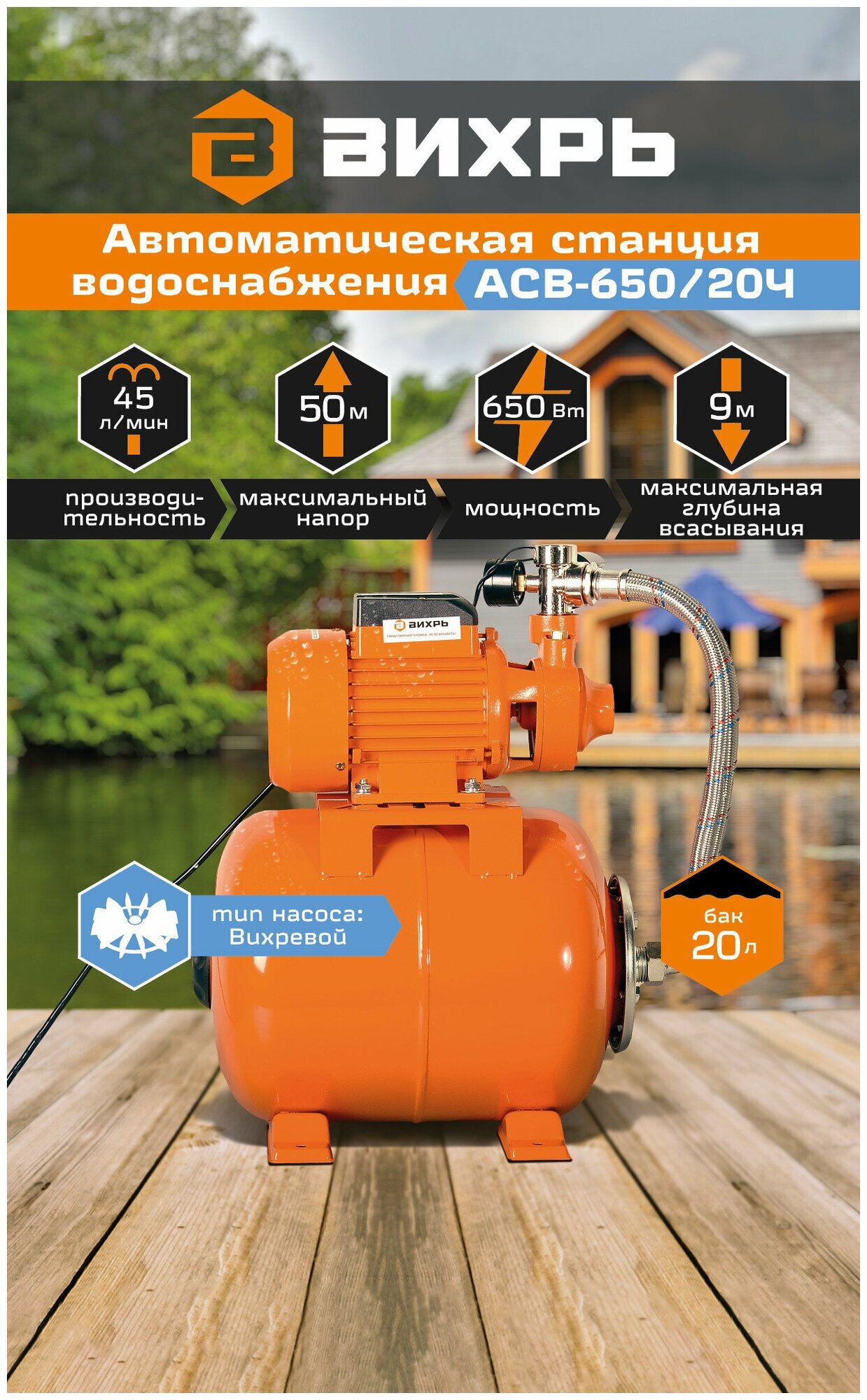 Автономная станция водоснабжения для дома и дачи АСВ-650/20Ч Вихрь (45л/мин)
