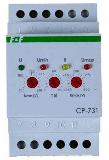 Реле напряжения CP-731 (трехфазный; микропроцессорный; контроль верхнего и нижнего значений напряжения; контроль асимметрии; чередования фаз; монтаж на DIN-рейке 35мм 3х400/230+N 2х8А 1Z 1R IP20) F&F  - фотография № 5