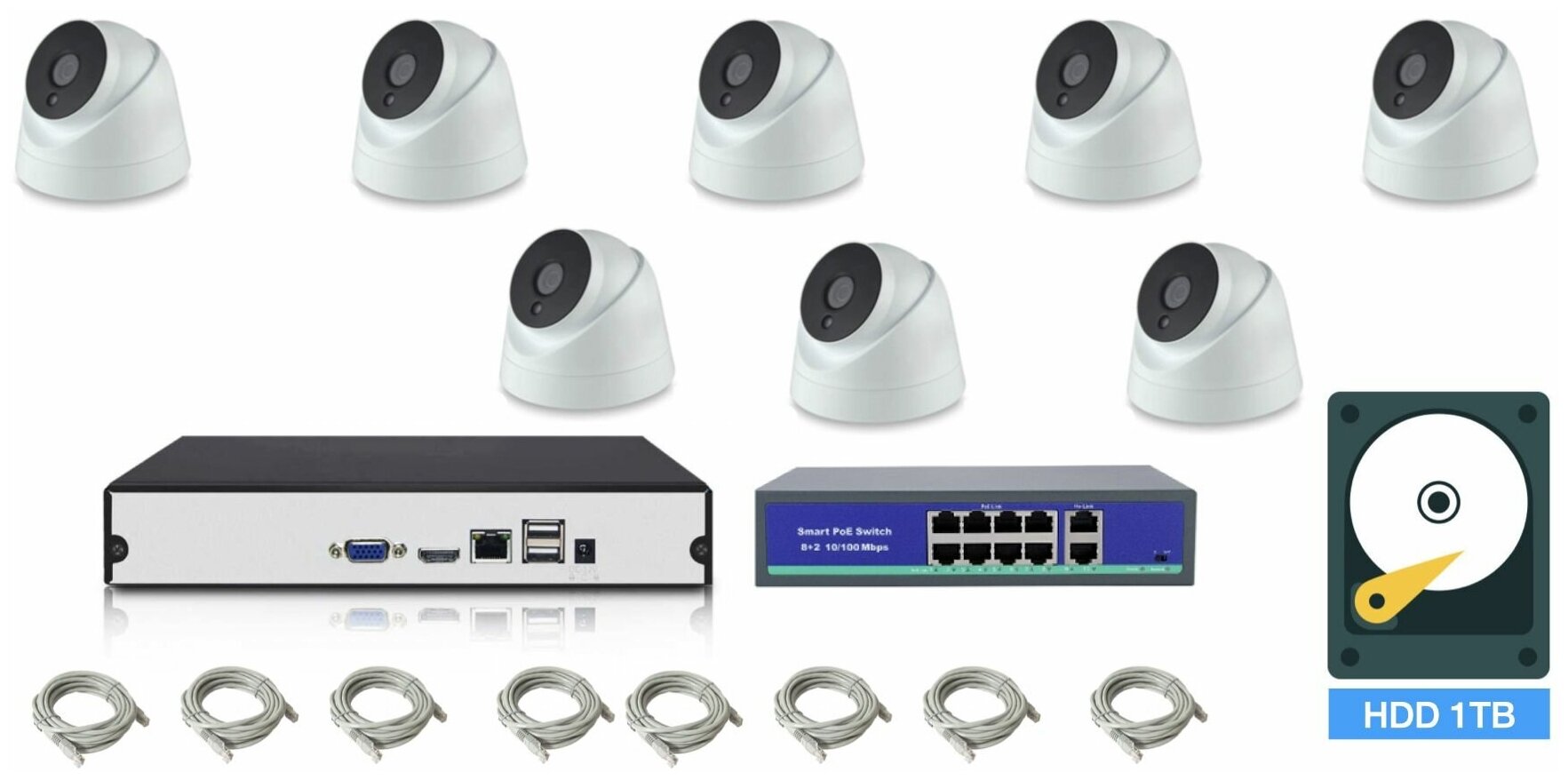 Полный IP POE комплект видеонаблюдения на 8 камер (KIT8IPPOE04M5B_HDD1TB)