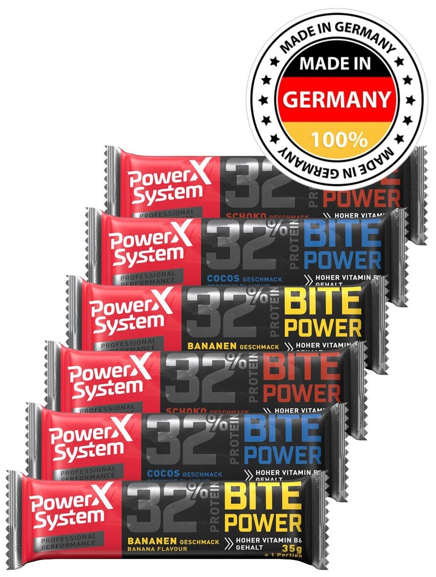 Power System Bite Power Protein Bar, Ассорти 6х35г (Банан, Кокос, Шоколад) / Протеиновый батончик (32% белка) с коллагеном и витаминами для похудения и набора мышечной массы женщин и мужчин