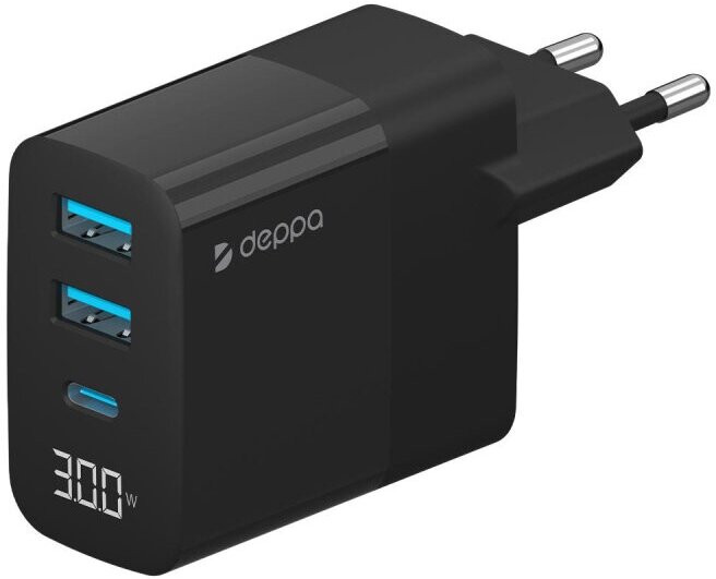 Зарядное устройство сетевое Deppa 2хUSB A+USB-C, PD, QC 3.0, 30W, черный, 1 шт.
