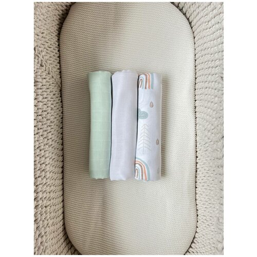 Мягкие муслиновые пеленки для малышей bpkids 80х100 см, хлопок, 3 шт - белый/радуга/оливка