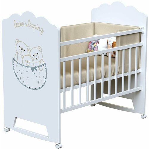 Кроватка детская для новорожденных ВДК Love Sleeping, колесо-качалка, массив березы, белый