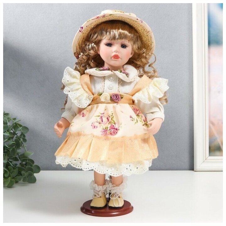 Кукла коллекционная керамика "Алиса в желтом платье с цветами, в соломенной шляпке" 30 см