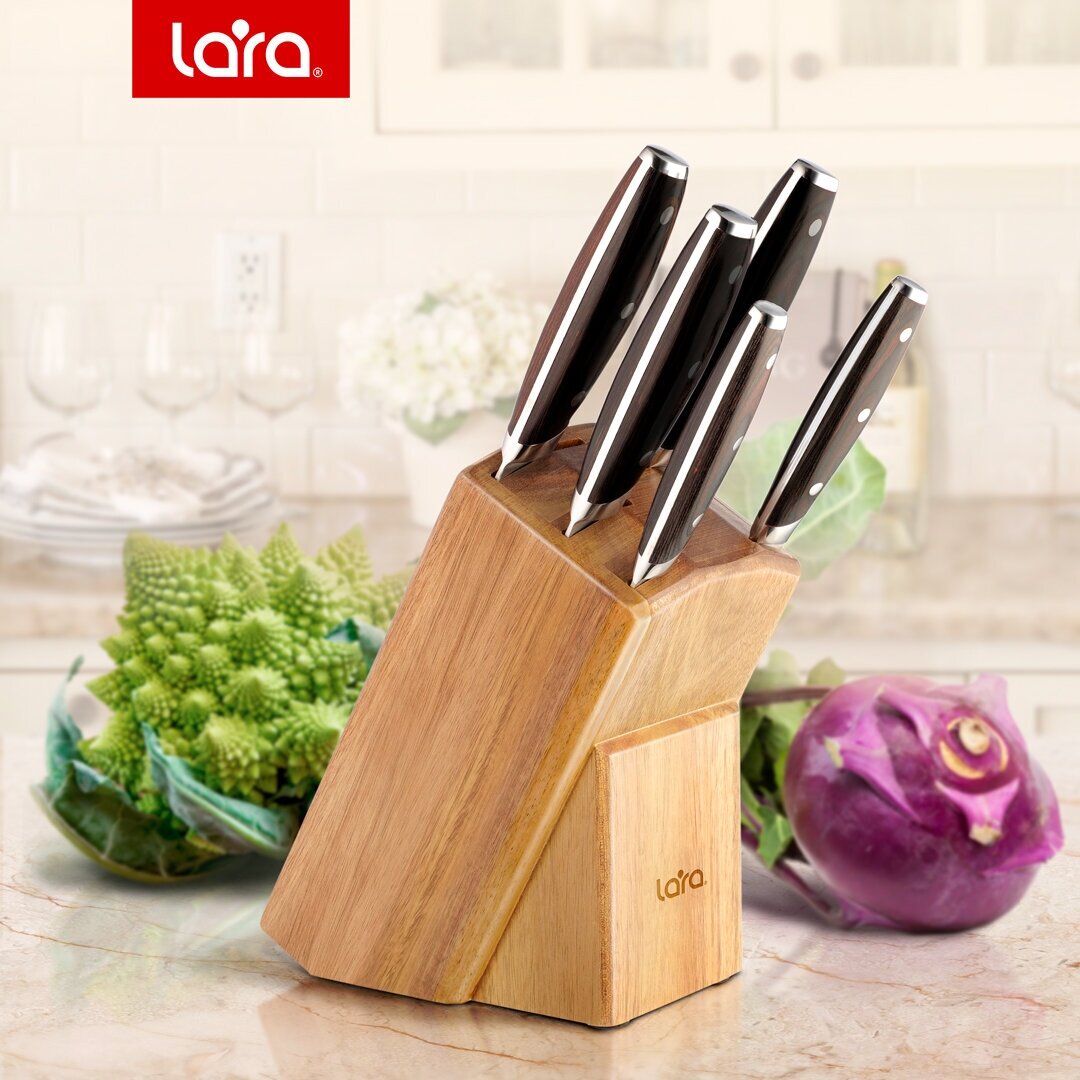 Набор ножей LARA LR05-57, 6 предметов: Подставка (акация) +5 ножей, двухслойная сталь - фотография № 1