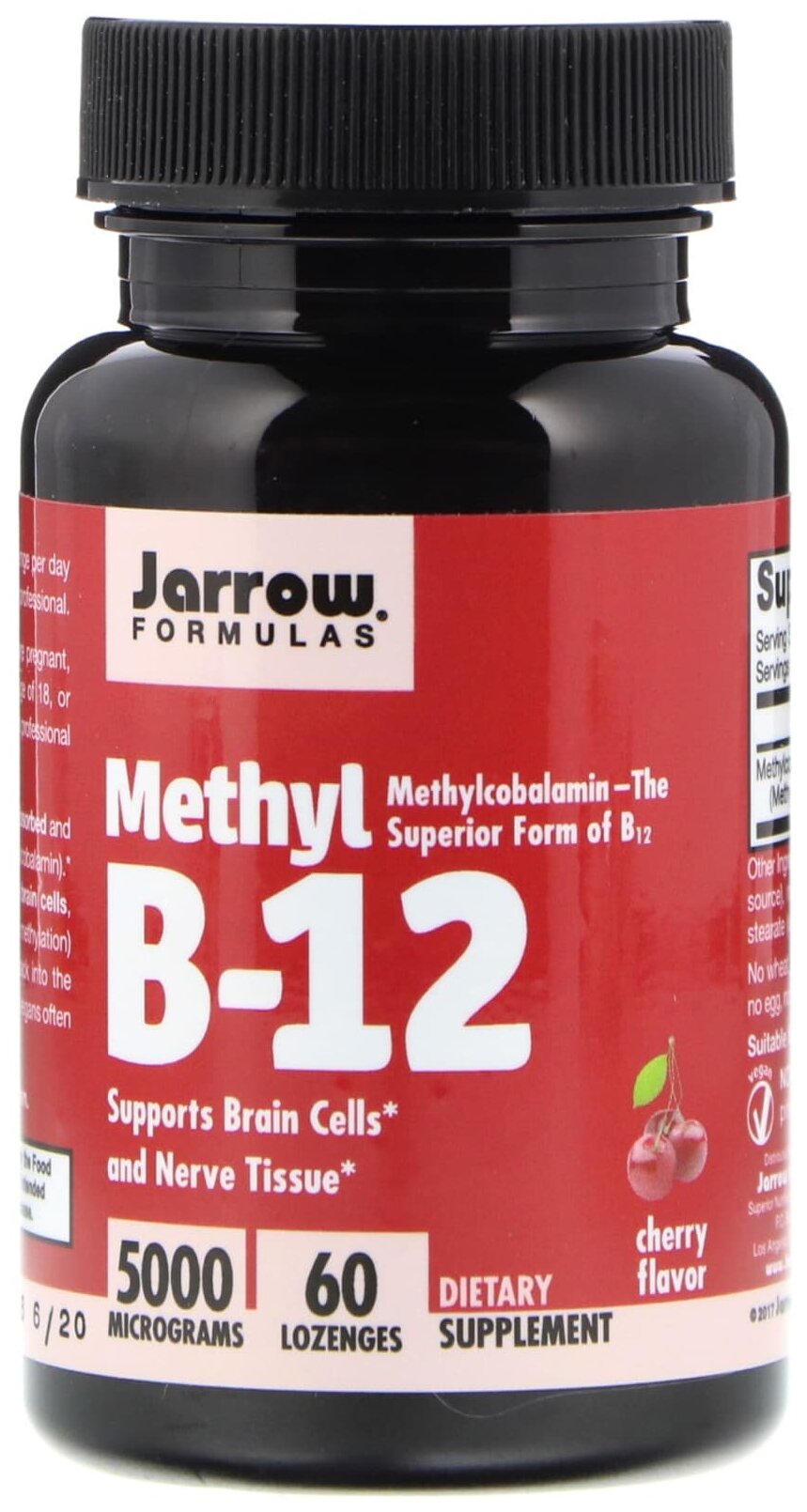 Jarrow Formulas, веганский метилкобаламин, максимальная сила действия, вишня, 5000 мкг, 60 жевательных таблеток — фото 1