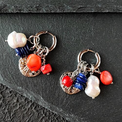 Серьги Дарья Бурдо, перламутр, жемчуг барочный, коралл, размер/диаметр 35 мм, красный, синий