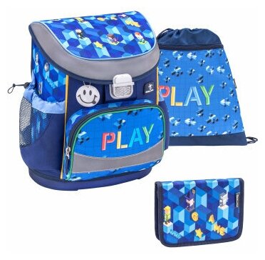 Набор рюкзак школьный для мальчика, мешок для обуви, пенал , цвет синий, модель Pixel Game