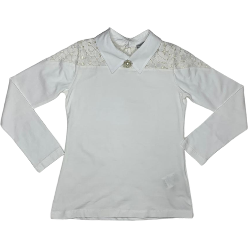 Школьная блуза Deniz, прилегающий силуэт, на пуговицах, длинный рукав, без карманов, стрейч, однотонная, размер 164, бежевый, белый
