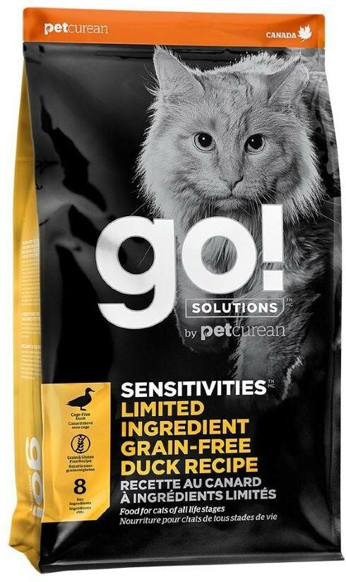 Сухой корм GO! SENSITIVITIES Limited Ingredient Grain Free Duck Recipe, беззерновой для котят и кошек с чувствительным пищеварением со свежей уткой (3.63 кг)