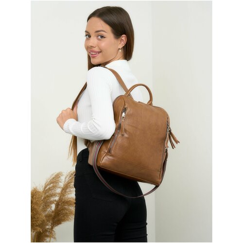 фото Рюкзак женский кожаный городской (школьный, детский для девочек, сумка, экокожа, подросток) / 20 литров / рюкзак коричневый сумкаиточка