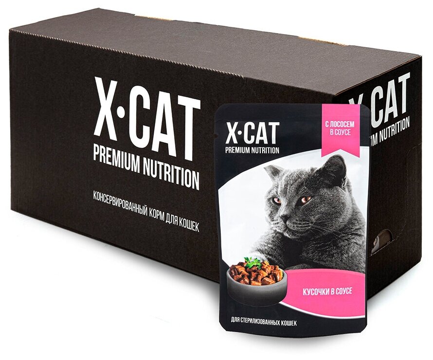 X-CAT паучи с Лососем в соусе для Стерилизованных кошек, корм консервированный, 24шт по 85г - фотография № 2