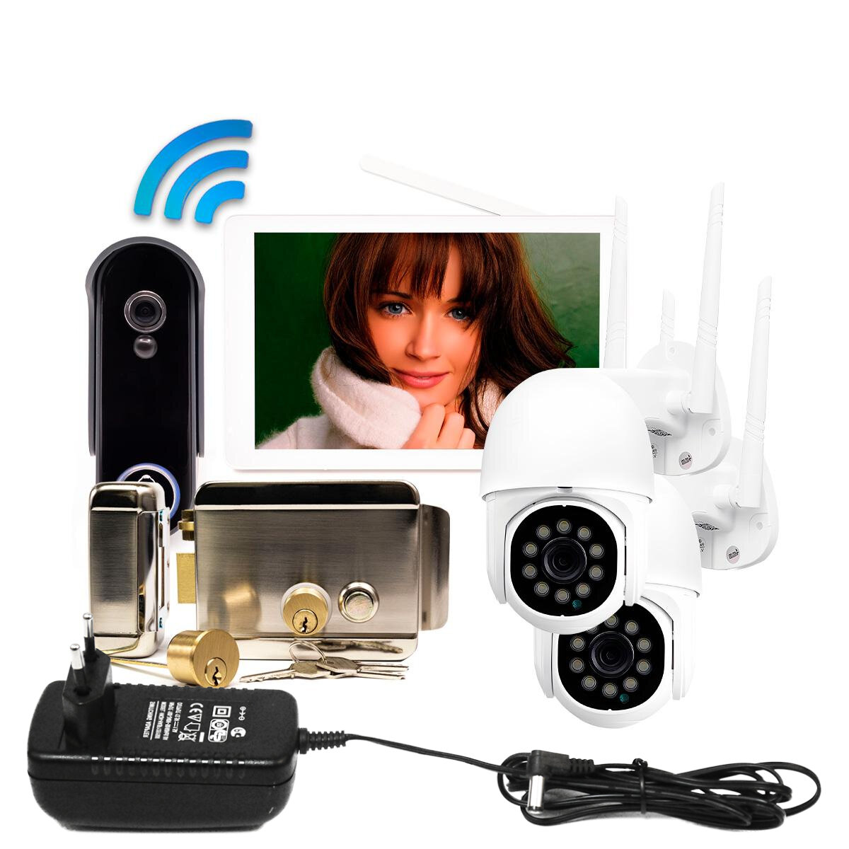 Комплект мобильный радиоканальный Wi-Fi HD видеодомофон и электромеханический замок AX042 - SkyNet (1+2+AX042)-1100-Tuya-HD (C77318EB) ДВЕ уличные 5