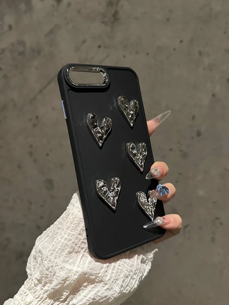 Чехол на iPhone 7/8 Plus О'кейси, с зеркальными сердцами, черный — фото 1