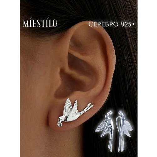 Серьги клаймберы MIESTILO, серебро, 925 проба, родирование, фианит, , серый, белый, серебристый
