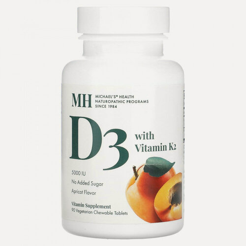Изображение товара Michael's Health, витамин D3, с витамином K2, вкус абрикоса, 5000 мкг, 90 вегетарианских жевательных таблеток