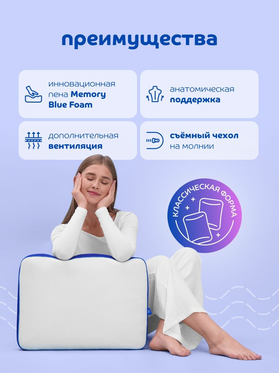 Подушка 43x56 анатомическая для сна, для шеи, с эффектом памяти , Blue Sleep, Blaze — фото 1