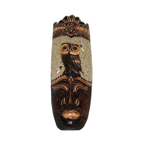 Маска деревянная 30 см, декорированная песком и вырезанным рисунком совы и орла.