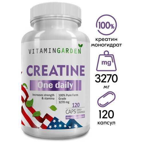фото Креатин моногидрат капсулы / creatine monohydrate, аминокислота / спортивное питание для набора массы и роста мышц, без сахара - 120 капсул vitamin garden