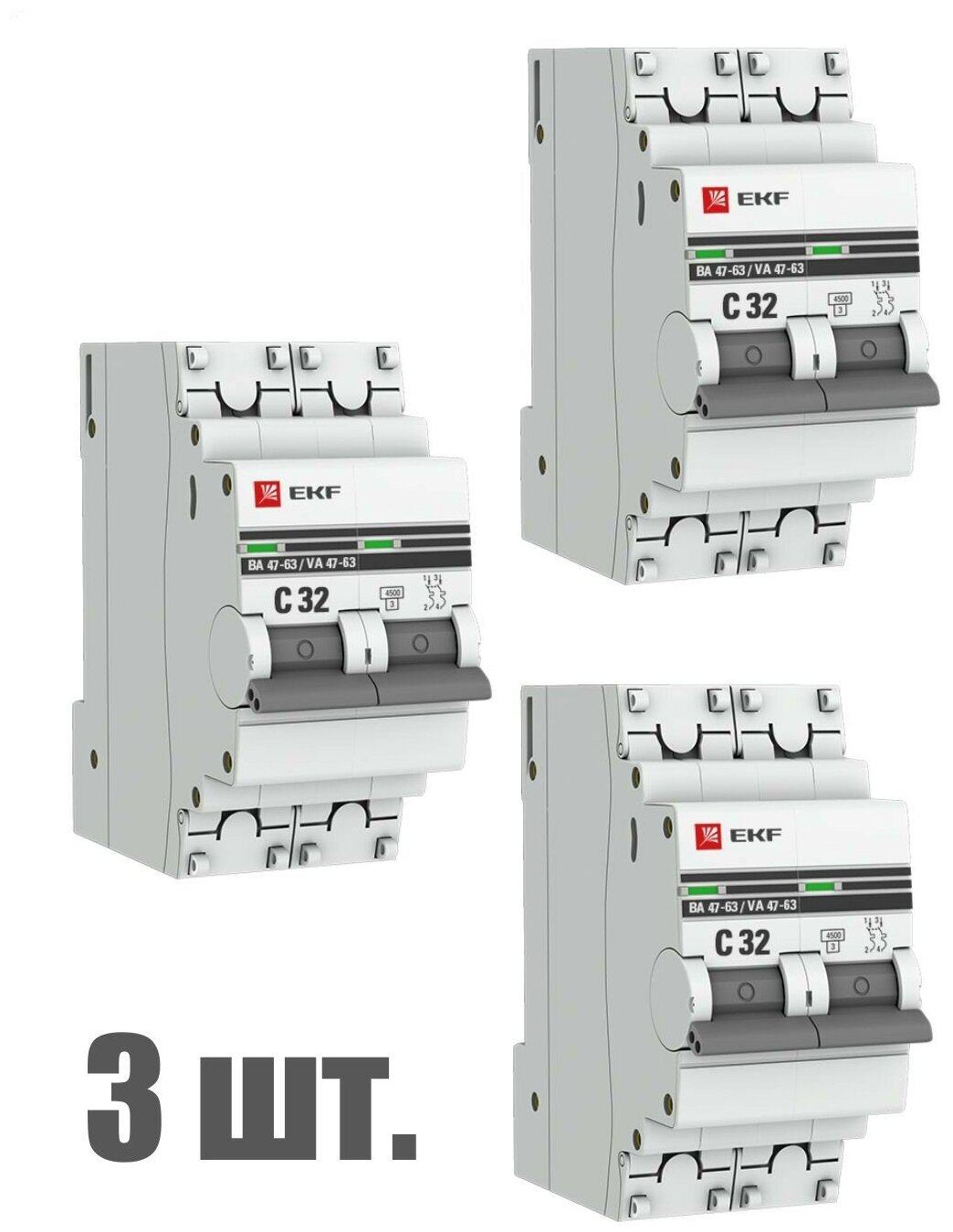 Автоматический выключатель EKF 2P 32А (C) 4,5kA ВА 47-63 EKF PROxima 3 штуки