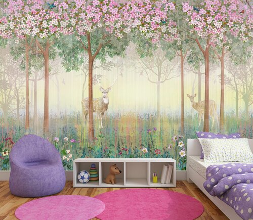 Изображение товара Фотообои флизелиновые 500х300см. на стену. Серия KIDS ARTDELUXE. Сказочный лес с животными. Обои дизайнерские, эксклюзивные для детской комнаты.