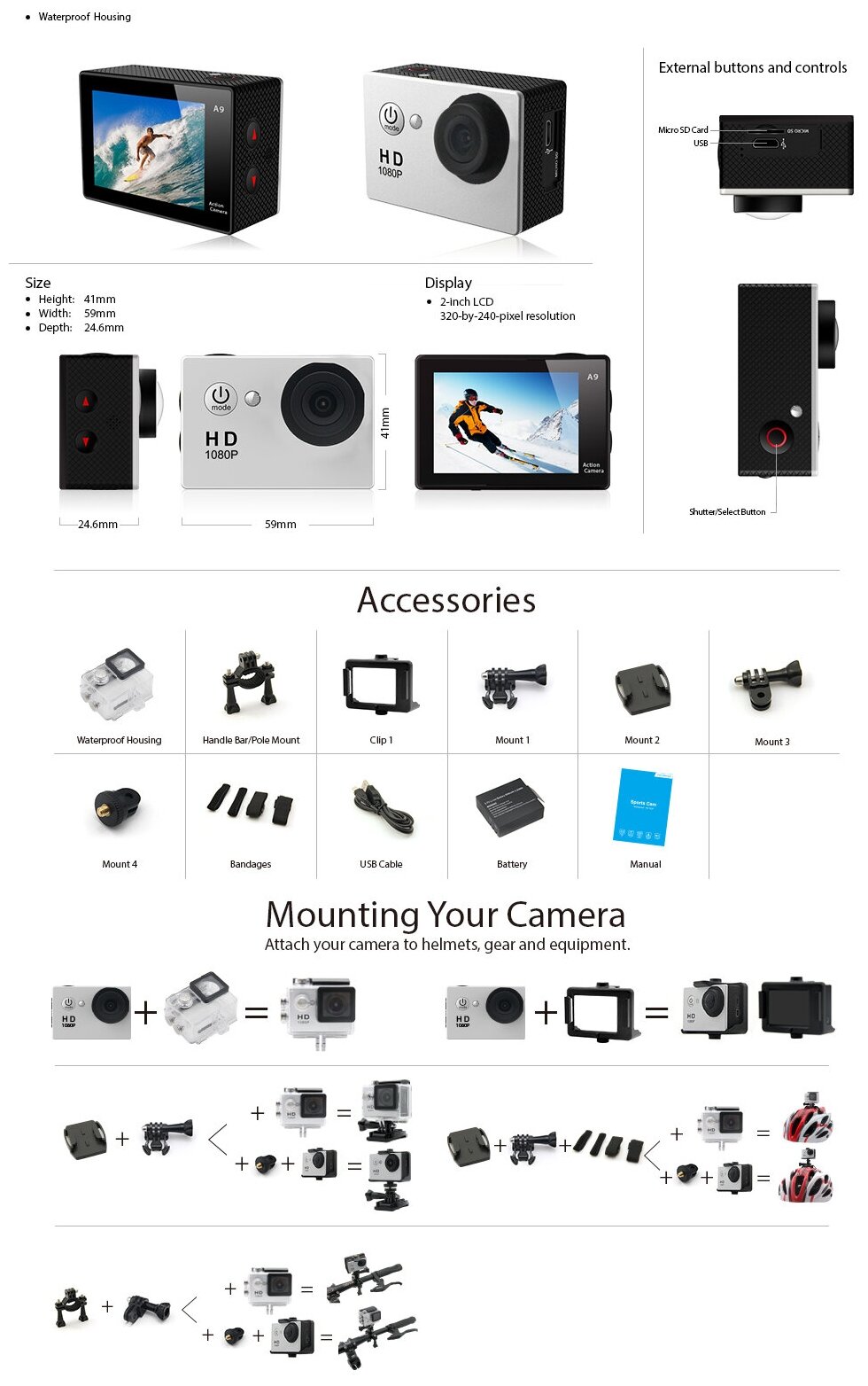 A9 Action Camera 16GSD card Included