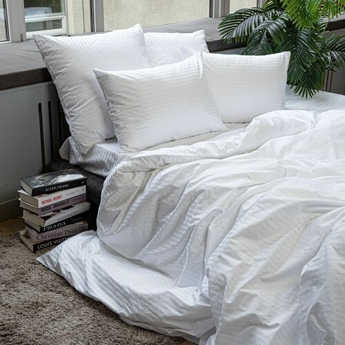 Комплект постельного белья Евро размер Monocolor Страйп сатин 100% хлопок / 4 наволочки /белый /премиум качество