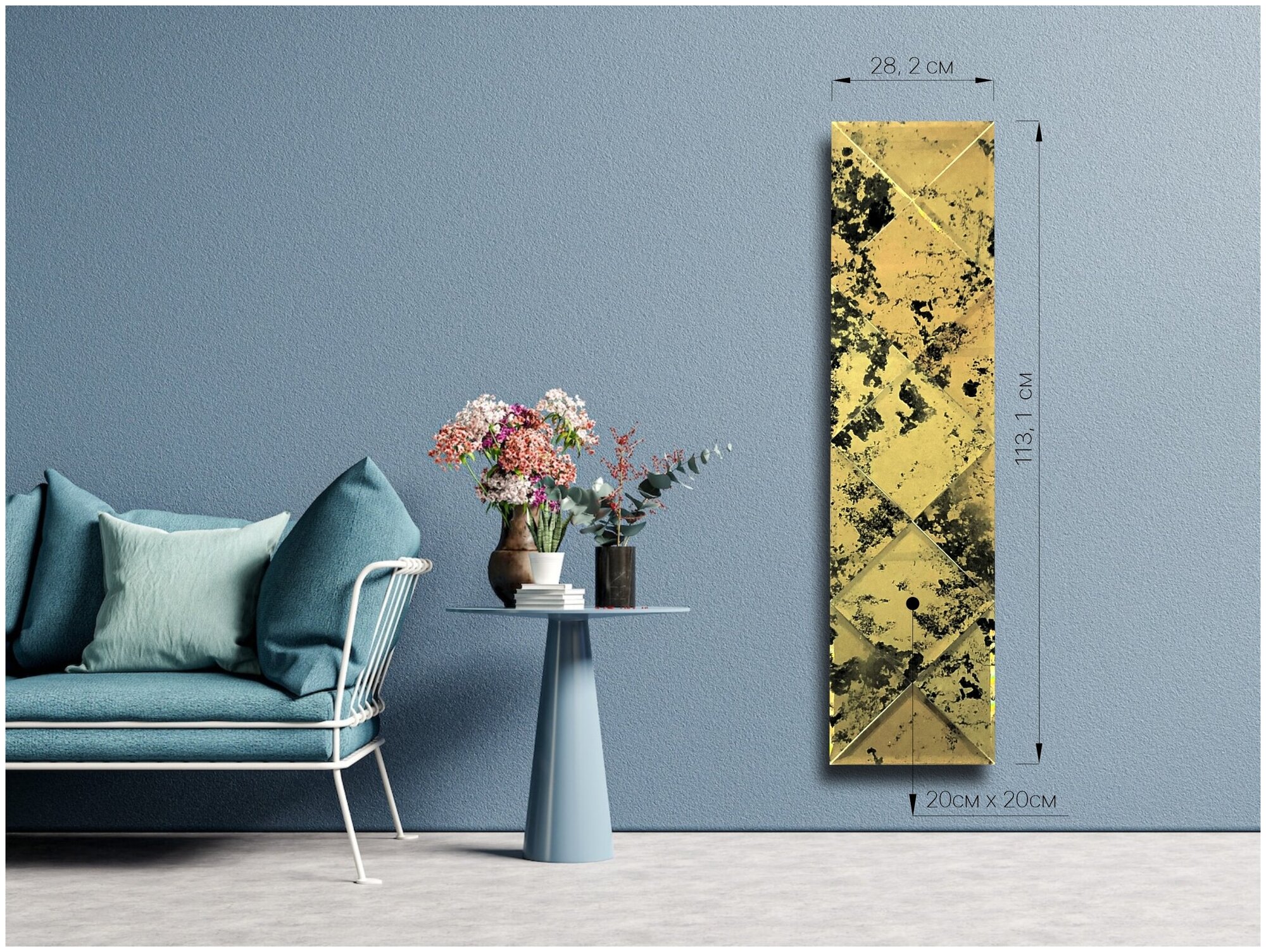 фото Зеркальная плитка ДСТ, панно на стену Античность 28.2х113.1 см, квадрат 20х20 см, цвет золото.