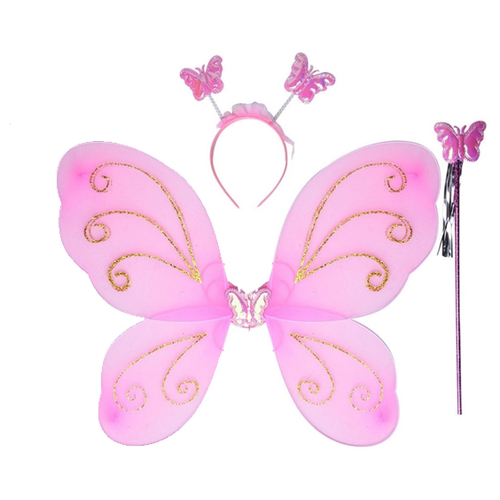карнавальный костюм новогодний крылья феи бабочки для девочки с ободком и волшебной палочкой голубой 48 38см Крылья феи, бабочки, с палочкой и ободком, цвет Розовый