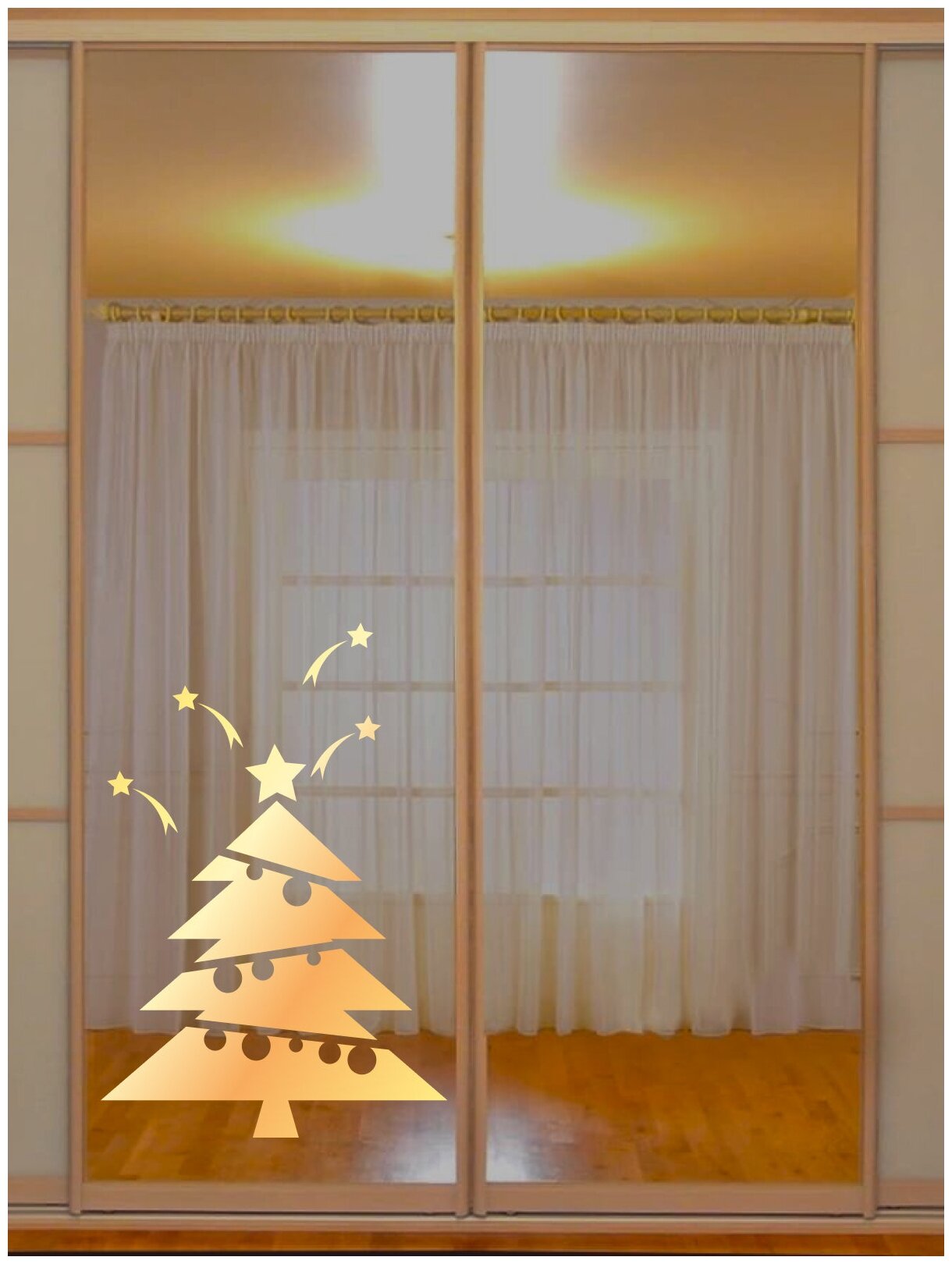 Наклейка новогодняя золотая на зеркало окно или стену Елочка Страйт 68х58см