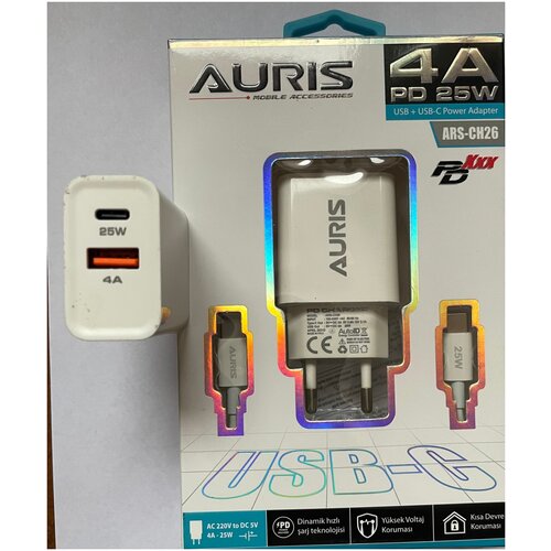 Зарядное устройство Адаптер + Провод AURIS - USB + Type C (PD 4.0) - 25 W (4A) сзу akai ch 6a25 универсальное type c pd 25w white