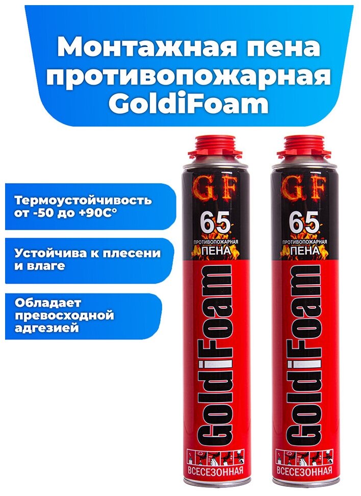 Монтажная противопожарная пена GoldiFoam 65, огнестойкая, универсальная, 1000 мл, 2 шт.