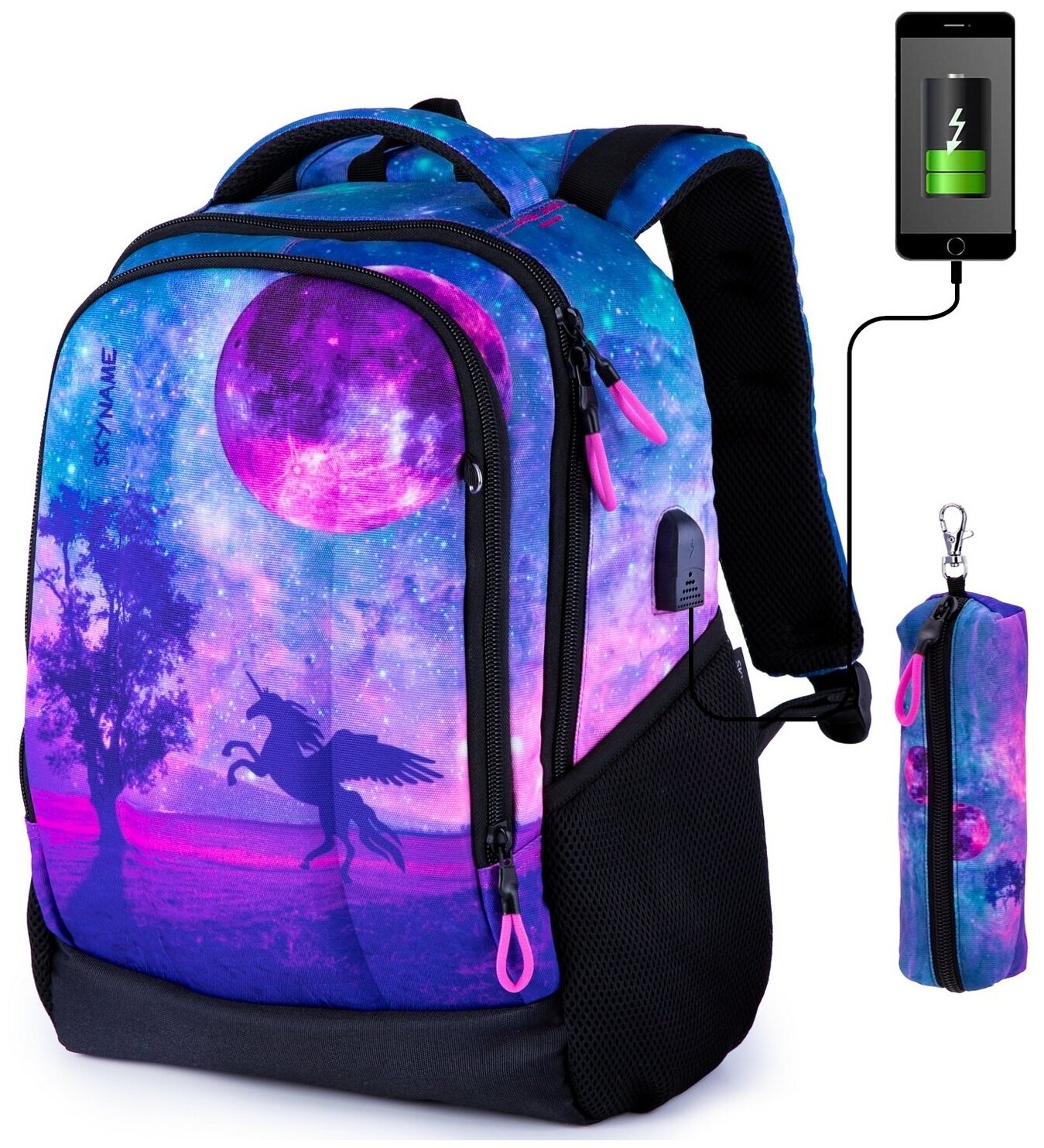Рюкзак школьный для девочки подростковый с анатомической спинкой, 17,2 л, SkyName (СкайНейм), с USB + пенал