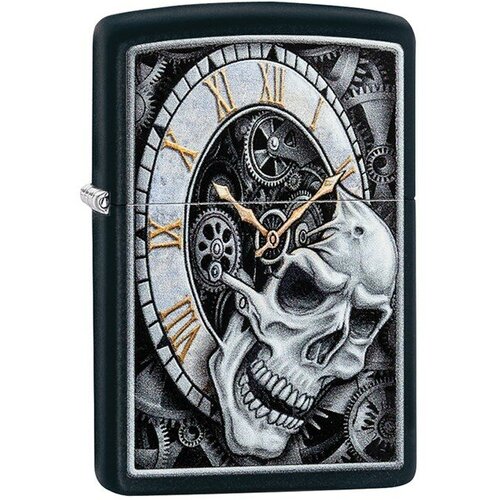 Зажигалка ZIPPO Skull Clock с покрытием Black Matte, латунь/сталь, чёрная, матовая, 38x13x57 мм