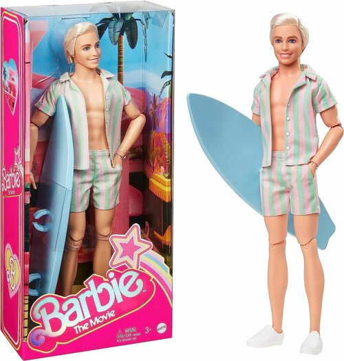 Кукла Barbie The Movie Кен в полосатом пляжном комплекте с доской для серфинга и белыми кроссовками