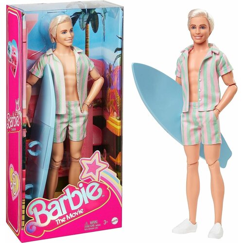 кукла barbie movie pink overall hrf29 розовый Кукла Barbie The Movie Кен в полосатом пляжном комплекте с доской для серфинга и белыми кроссовками