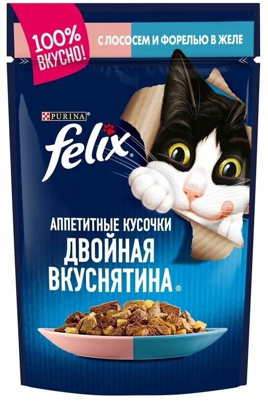 Felix Паучи Кусочки в желе для кошек с лососем и форелью (122949371244969412493551) 0,085 кг 25080 (34 шт) - фотография № 3