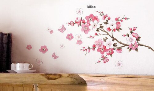 Интерьерная наклейка на стены веточка с розовыми цветами