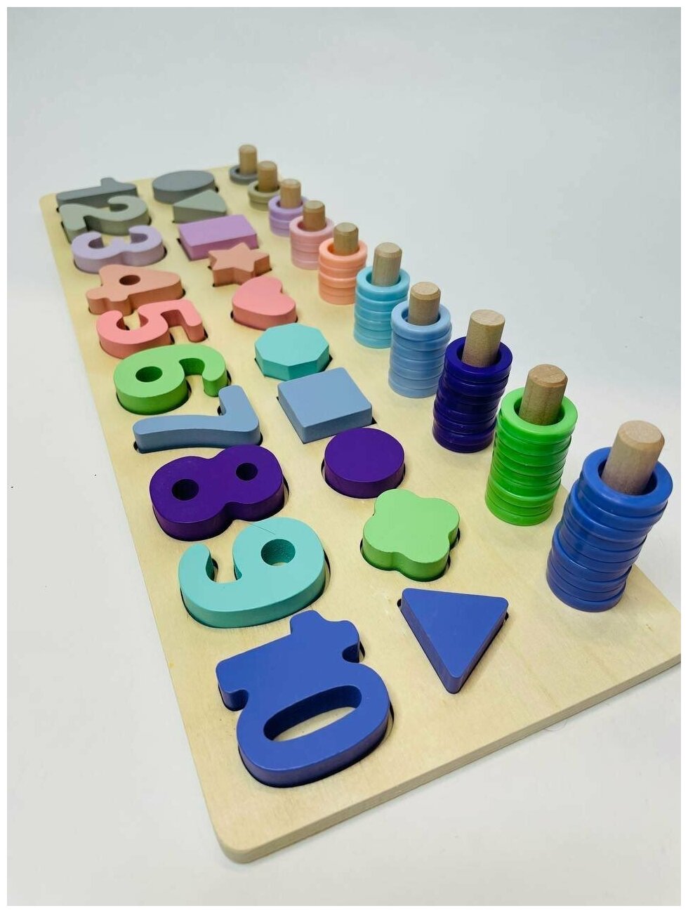 Логарифмическая доска 3в1/ развивающие игрушки / доска с цифрами, геометрическим фигурами и колечками, деревянный сортер