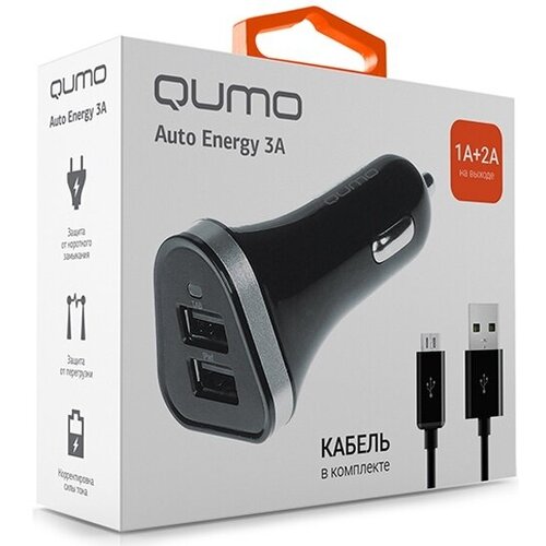 Автомобильное зарядное устройство QUMO 3A, 2 USB, 1A+2A кабель Micro USB в комплекте (Модель Charger 0061 + кабель Micro USB) черный