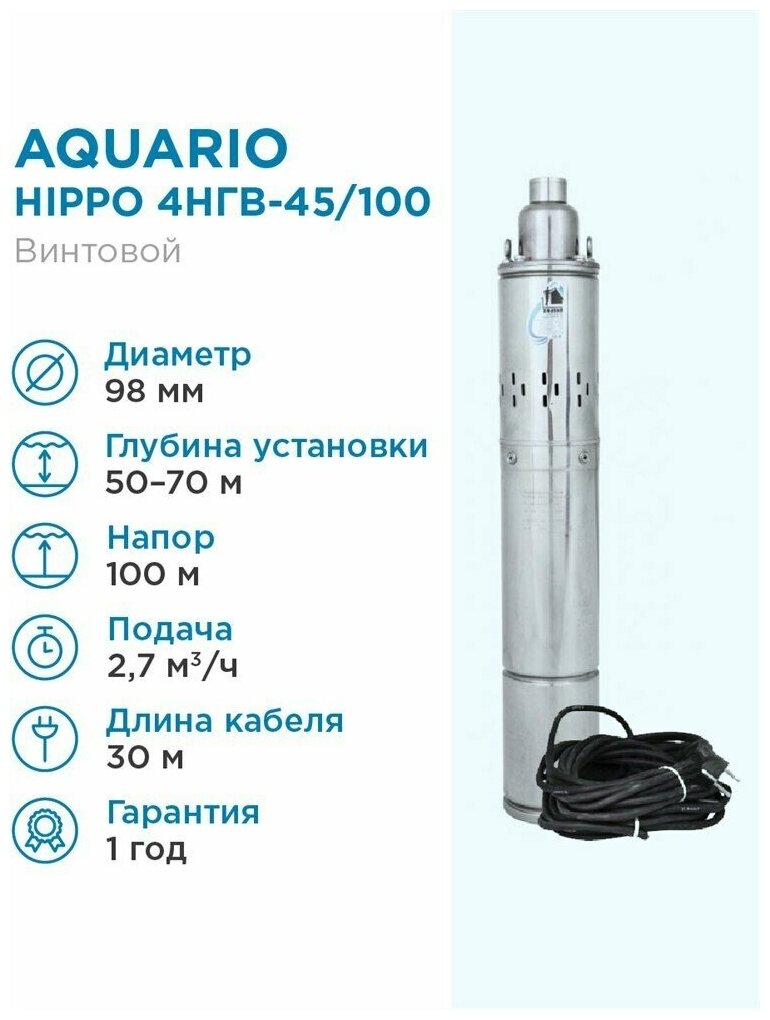 Aquario Насос глубинный Aquario HIPPO 4НГВ-45/100 кабель 30м Q - 45 л/мин Н - 100 м