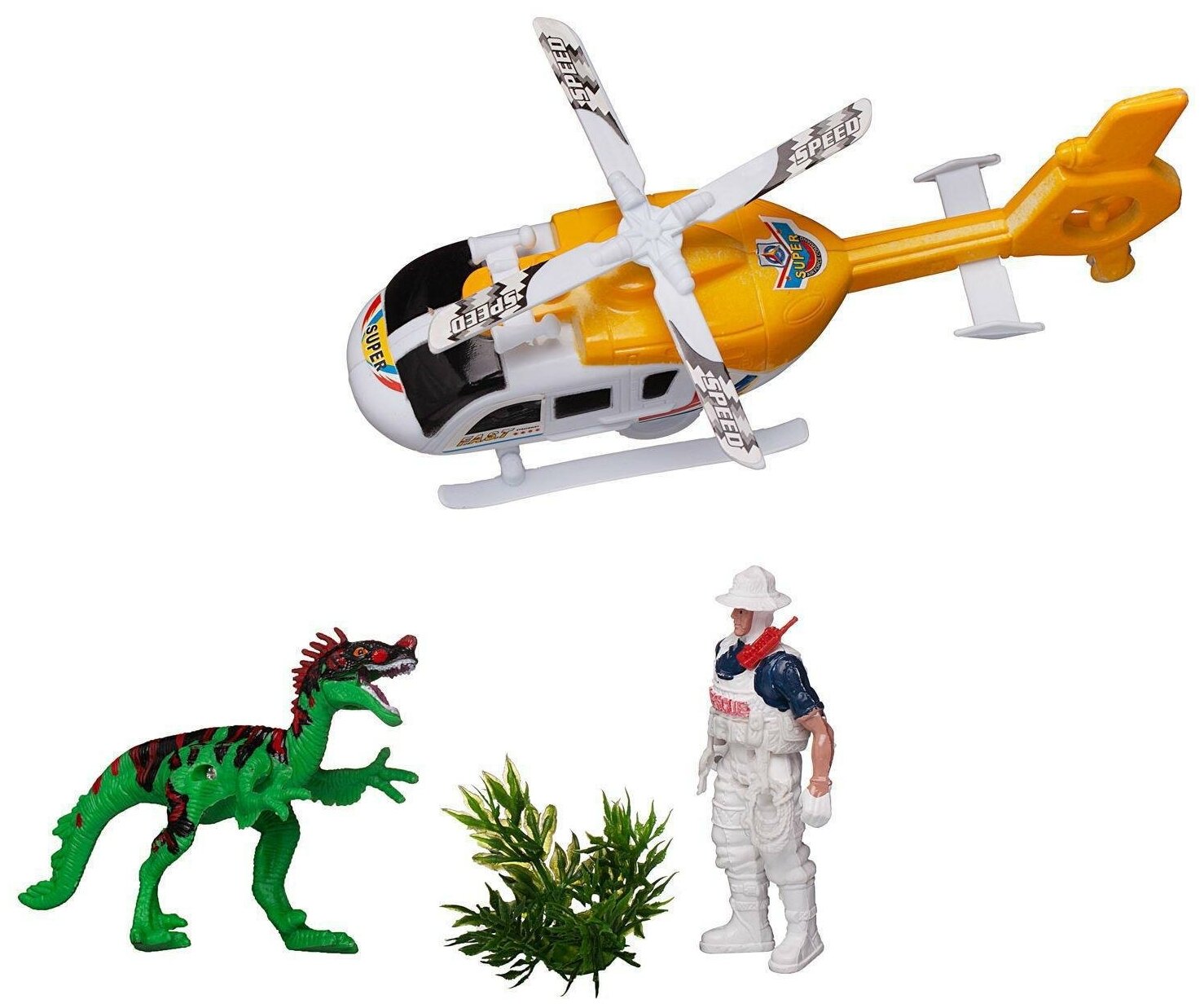 Набор динозавров Junfa Мир динозавров, вертолет, фигурка человека (WA-14249)
