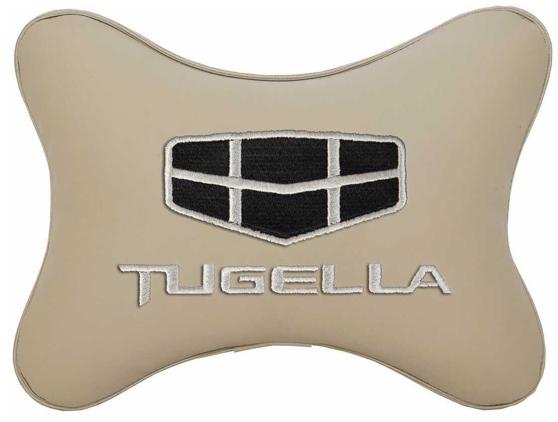 Автомобильная подушка на подголовник экокожа Beige с логотипом автомобиля GEELY TUGELLA